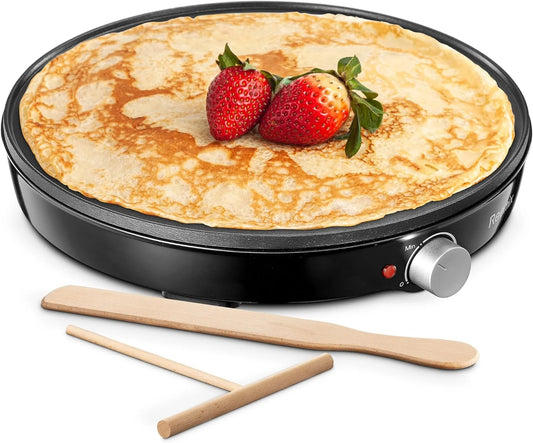 Crepe Maker Machine,  Nonstick 12” Electric Griddle, Compact Pancake Griddle Precise Temperature Control, Batter Spreader for Eggs, Pancakes, Includes Spatula, Spreader（Black）