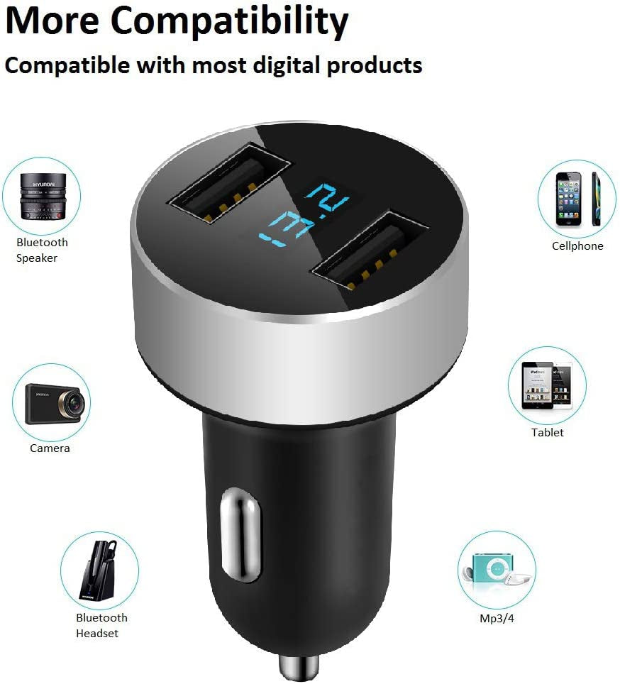 Dual USB Car Charger,4.8A Output,Cigarette Lighter Voltage Meter Compatible with Apple Iphone,Ipad,Samsung Galaxy,Lg,Google Nexus,Usb Charging Devices,Silver