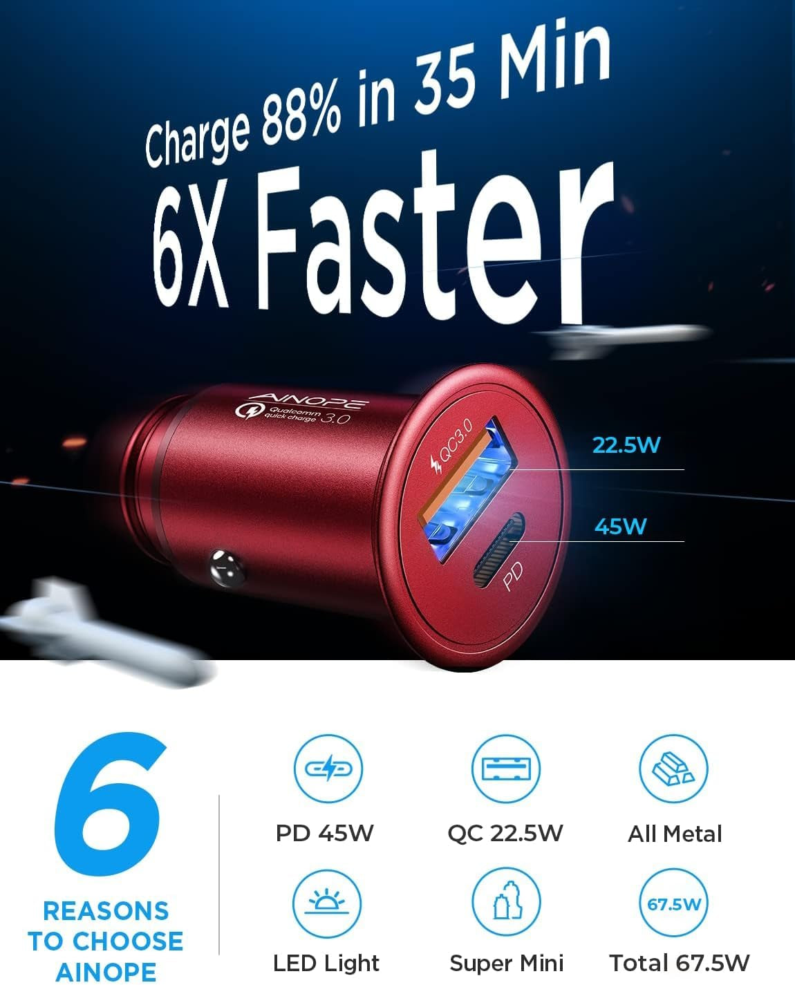 USB C Car Charger Super Mini  All Metal 36W Fast USB Car Charger PD&QC 3.0 Dual Port Car Adapter Compatible with Iphone 12/12 Pro/Max/12 Mini/Iphone 11/Pro/Max/Xr/Xs/Max/8, Galaxy S21/20/10-Red