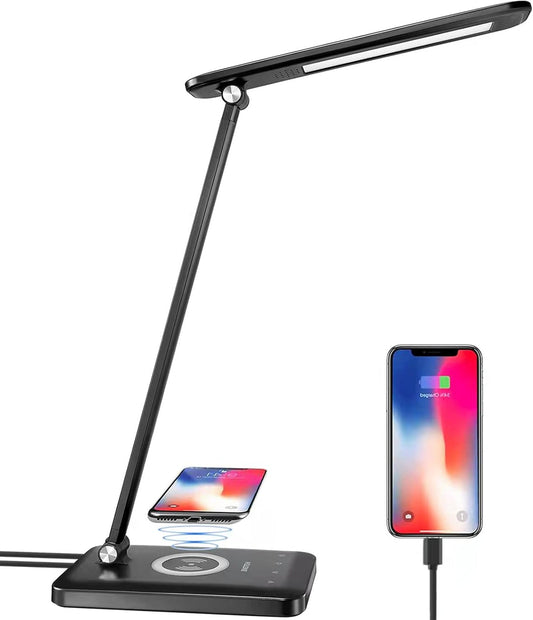 LED Desk Lamp with Wireless Charging, Eye-Caring Table Lamp USB Charging Port, 3Lighting Modes 5Brightness Levels with Memory Function, Touch Control Adjustable Lamp15W Office, Reading, Study,Black