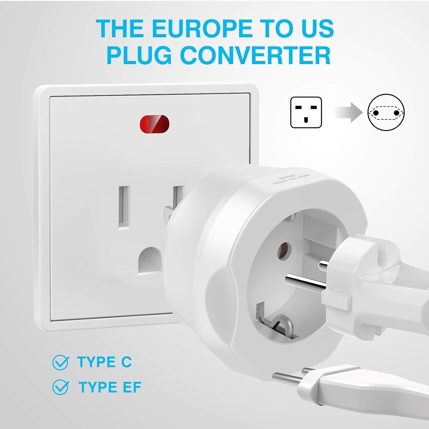 [1-Pack] Europe to US Plug Adapter,  European to US Plug Adapter, EU to US Plug Adapter, Europe to USA Travel Converter for Most of Europe EU Spain France Type C/E/F Plugs to US Power Adapter