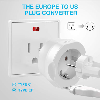 [1-Pack] Europe to US Plug Adapter,  European to US Plug Adapter, EU to US Plug Adapter, Europe to USA Travel Converter for Most of Europe EU Spain France Type C/E/F Plugs to US Power Adapter