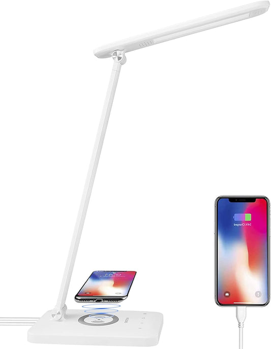 LED Desk Lamp with Wireless Charging, Eye-Caring Table Lamp USB Charging Port, 3Lighting Modes 5Brightness Levels with Memory Function, Touch Control Adjustable Lamp15W Office, Reading, Study