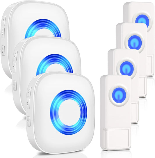 Wireless Door Bell,  Waterproof Doorbell Chimes for Home Operating at over 1300-Ft Range 58 Doorbell Ringer 5 Volume Levels LED Strobe Door Bell Kits with 4 Push Buttons & 3 Receivers