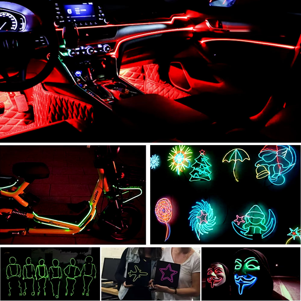 Car Interior Lighting Decorative Led Lights EL Wiring Neon Strip Auto Flexible Ambient Light USB Party Atmosphere Lamp Accessory