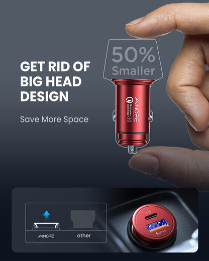 USB C Car Charger Super Mini  All Metal 36W Fast USB Car Charger PD&QC 3.0 Dual Port Car Adapter Compatible with Iphone 12/12 Pro/Max/12 Mini/Iphone 11/Pro/Max/Xr/Xs/Max/8, Galaxy S21/20/10-Red