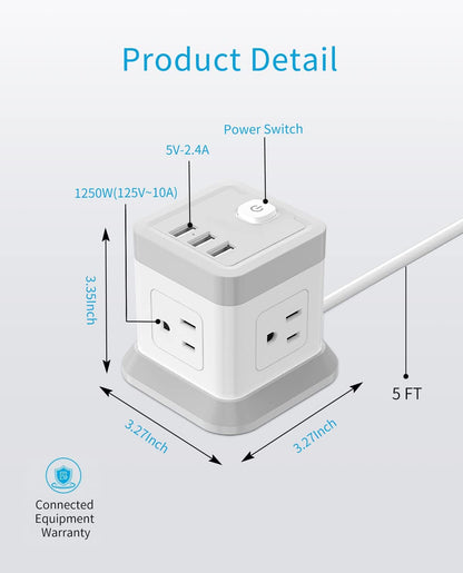 Power Strip with USB,  Flat Plug Extension Cord with 4 Outlets and 3 USB Ports, 5 FT Power Cord Desktop Charging Station, Overload Protection, Compact Portable for Travel Home Office Cruise Ship