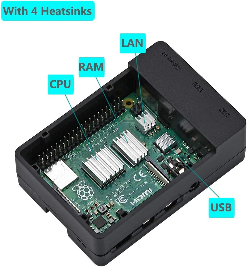 Raspberry Pi 4 Fan ABS Case with Cooling Fan, Heatsink, Simple Removable Top Cover for Pi 4 Model B/ 4B